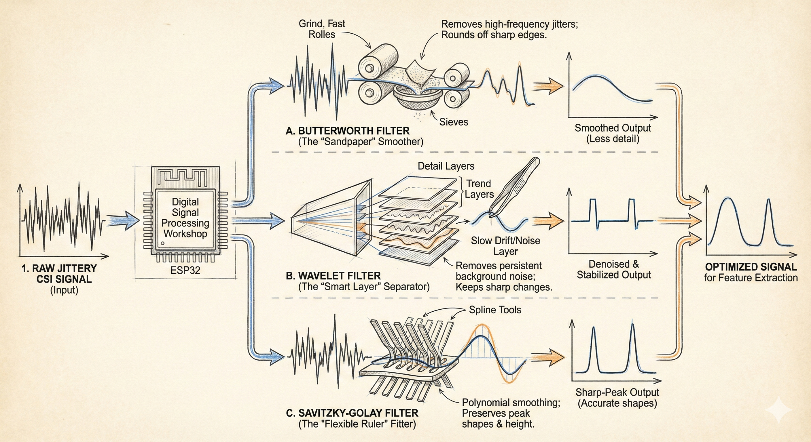 AI-generated visualization of WiFi CSI signal filters - showing how different filtering techniques process wireless signals